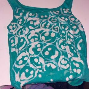 Handmade tie dye smiley teal tank top